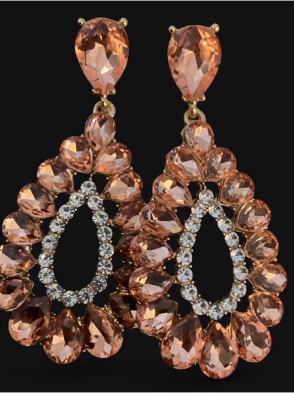 Peach Crystal Drop Earrings with Clear Accent Stones